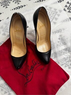 Christian Louboutin Black Leather Pointed Pumps with Red Dust Bag Accent